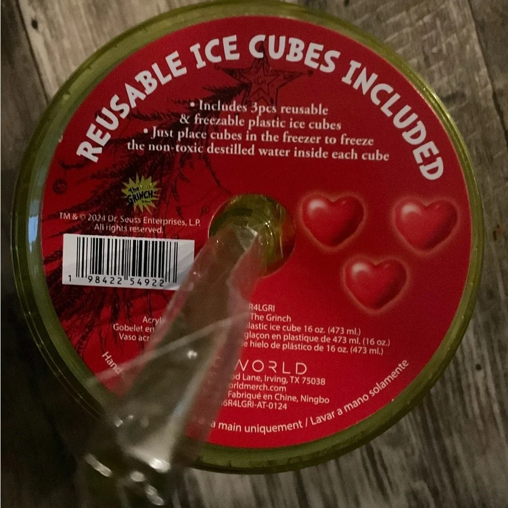 Grinch Lime Green Themed  Party Cup with Red Heart Ice Cubes 6 1/2” Tall